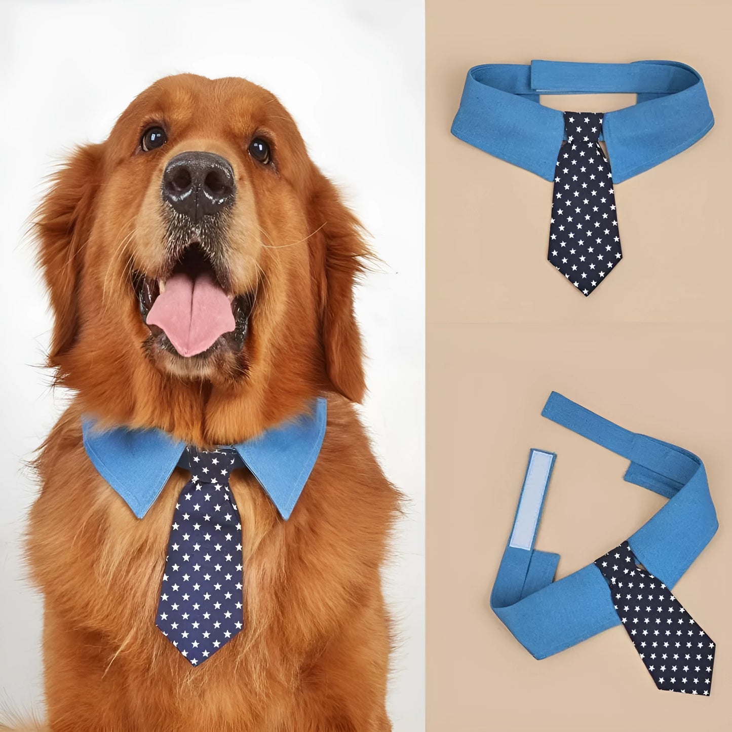 Blue denim dog collar with white star pattern, styled as an adjustable bow tie for formal pet wear.