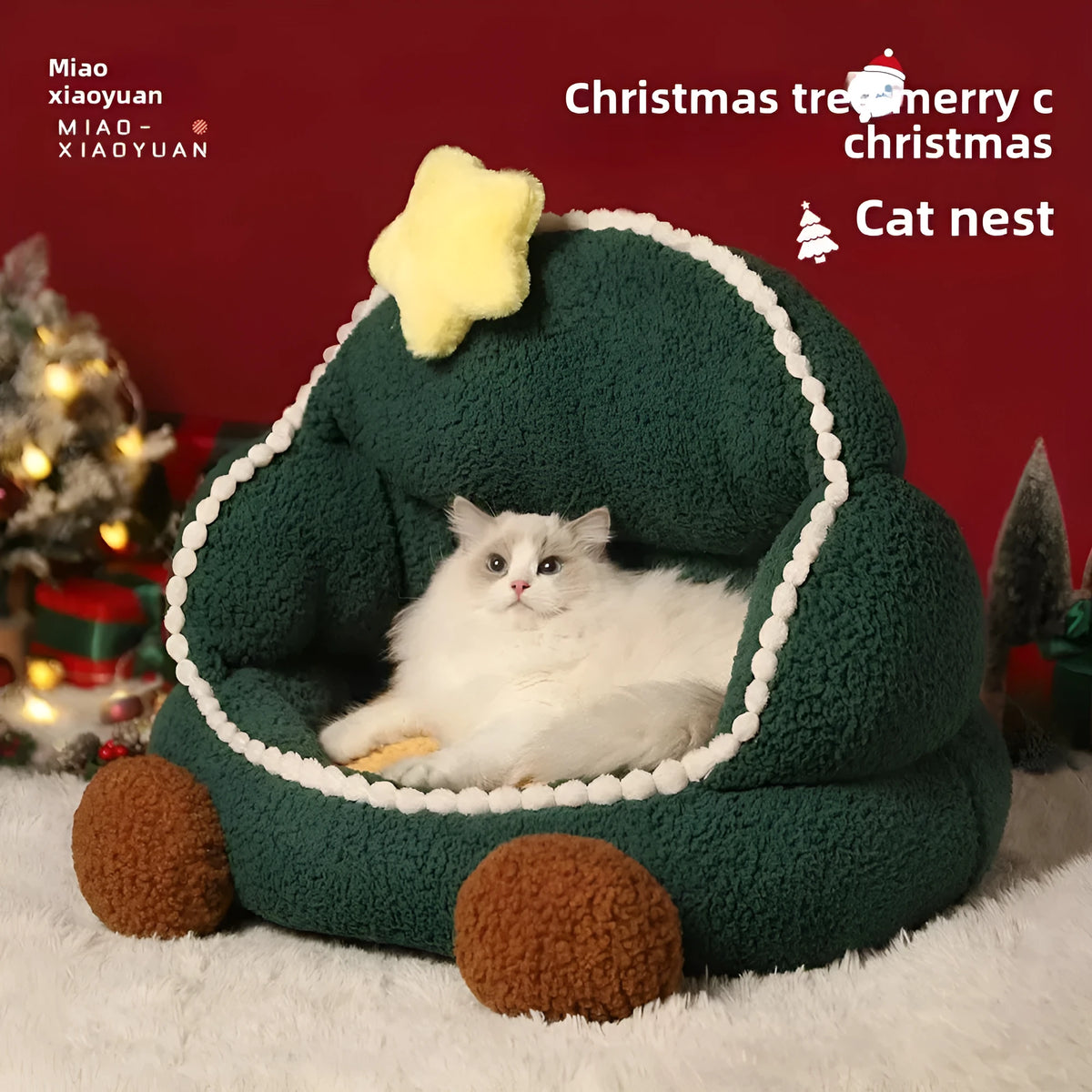 Green Christmas tree shaped closed cat nest with removable washable cover for winter and all season indoor use