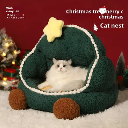 Green Christmas tree shaped closed cat nest with removable washable cover for winter and all season indoor use