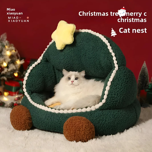 Green Christmas tree shaped closed cat nest with removable washable cover for winter and all season indoor use