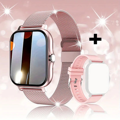 Smart watch with 144-inch touchscreen displaying health metrics, silicone strap, waterproof design for daily activity tracking