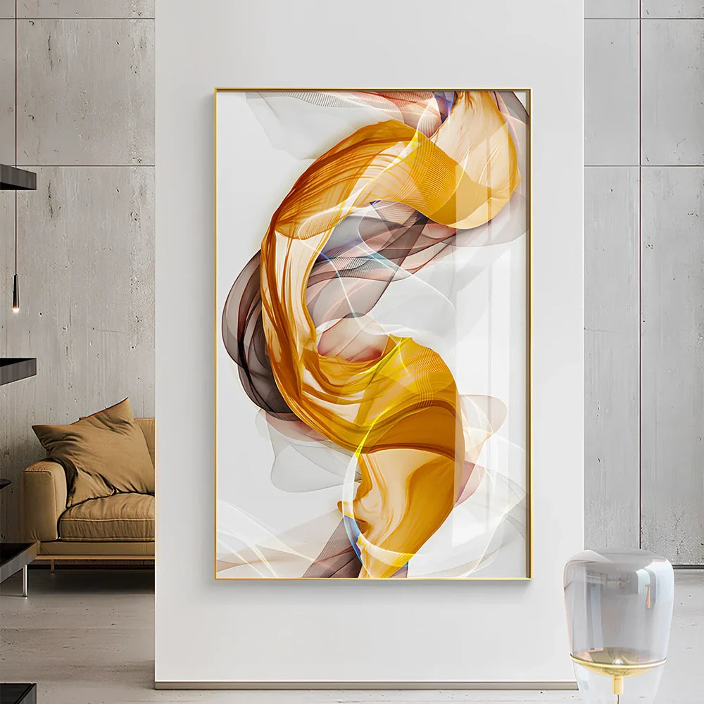 Three-piece abstract canvas painting set with yellow grey design in solid wood frame on white wall