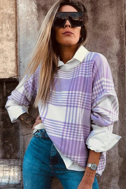 Lilac plaid print loose sweater with ribbed neckline and cuffs, long sleeves, shown in loose fit
