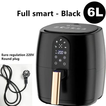 Black touch screen air fryer with 4.5-6L capacity and 1350W power rating