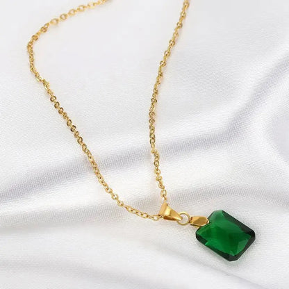 Copper rectangular pendant necklace with geometric quadrilateral design and O-ring chain in green colour