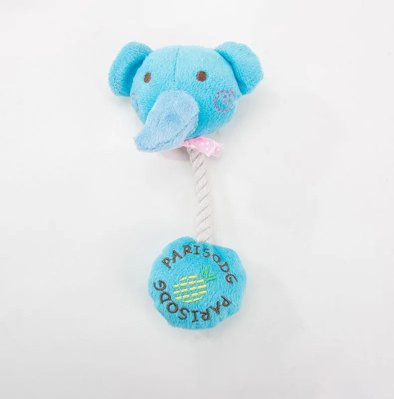 Plush dog toy with rope and sound in frog, elephant, cow, or bear designs