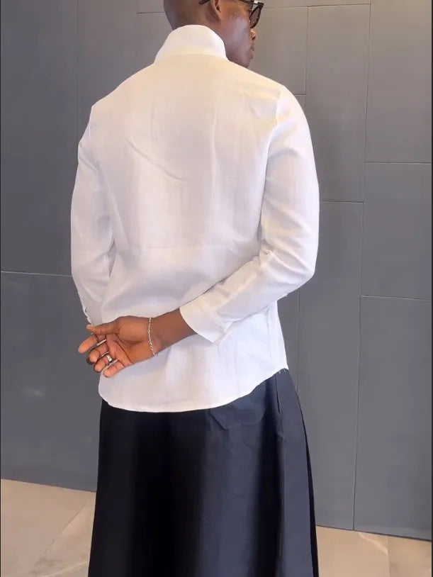 White asymmetric front long sleeve shirt and black pleated pants women's casual set