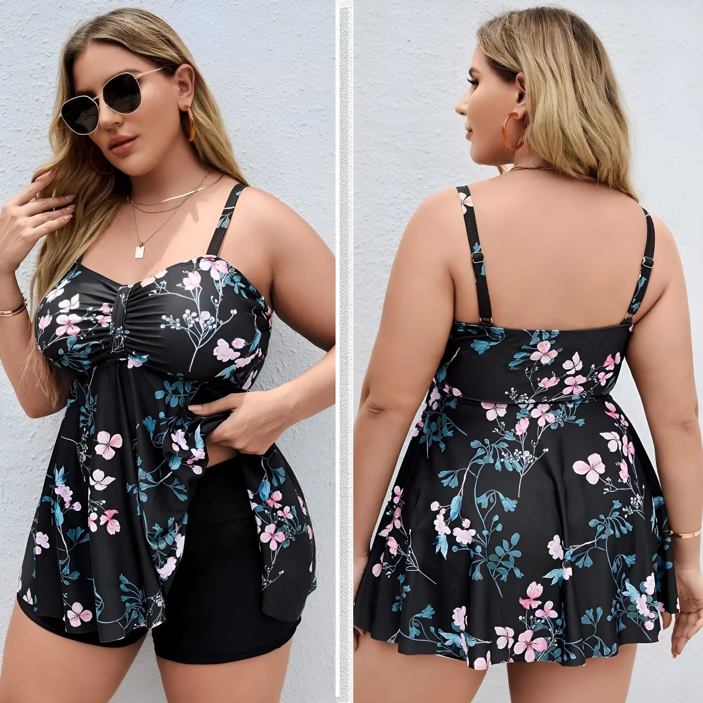 Women's one-piece swimsuit with a split colour floral print, shown on a mannequin.