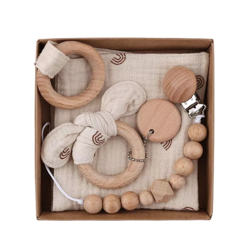Natural cotton baby bath toy set with wooden rattle and comfort towel