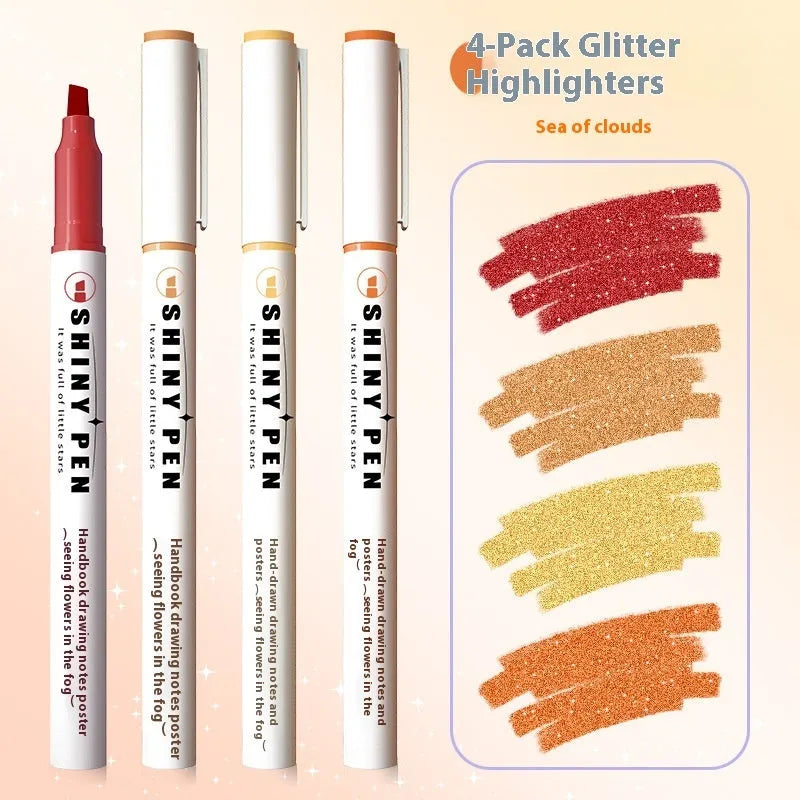 Sparkling Star River Highlighter set with 4mm slanted tip and glitter ink in six shades including taro puff and mung bean smoothie.