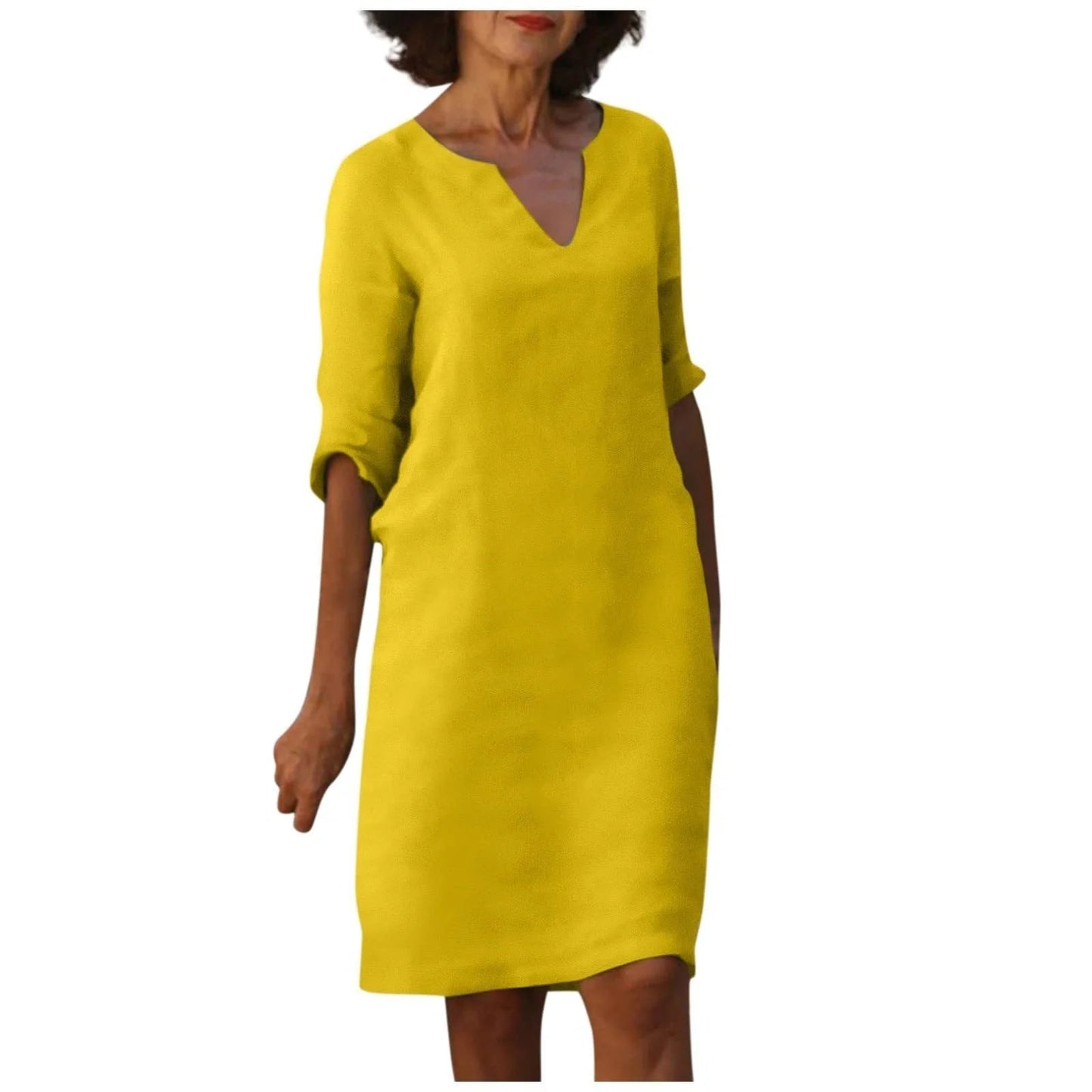 Retro cotton and linen V-neck dress with high waist and summer stitching in various colors
