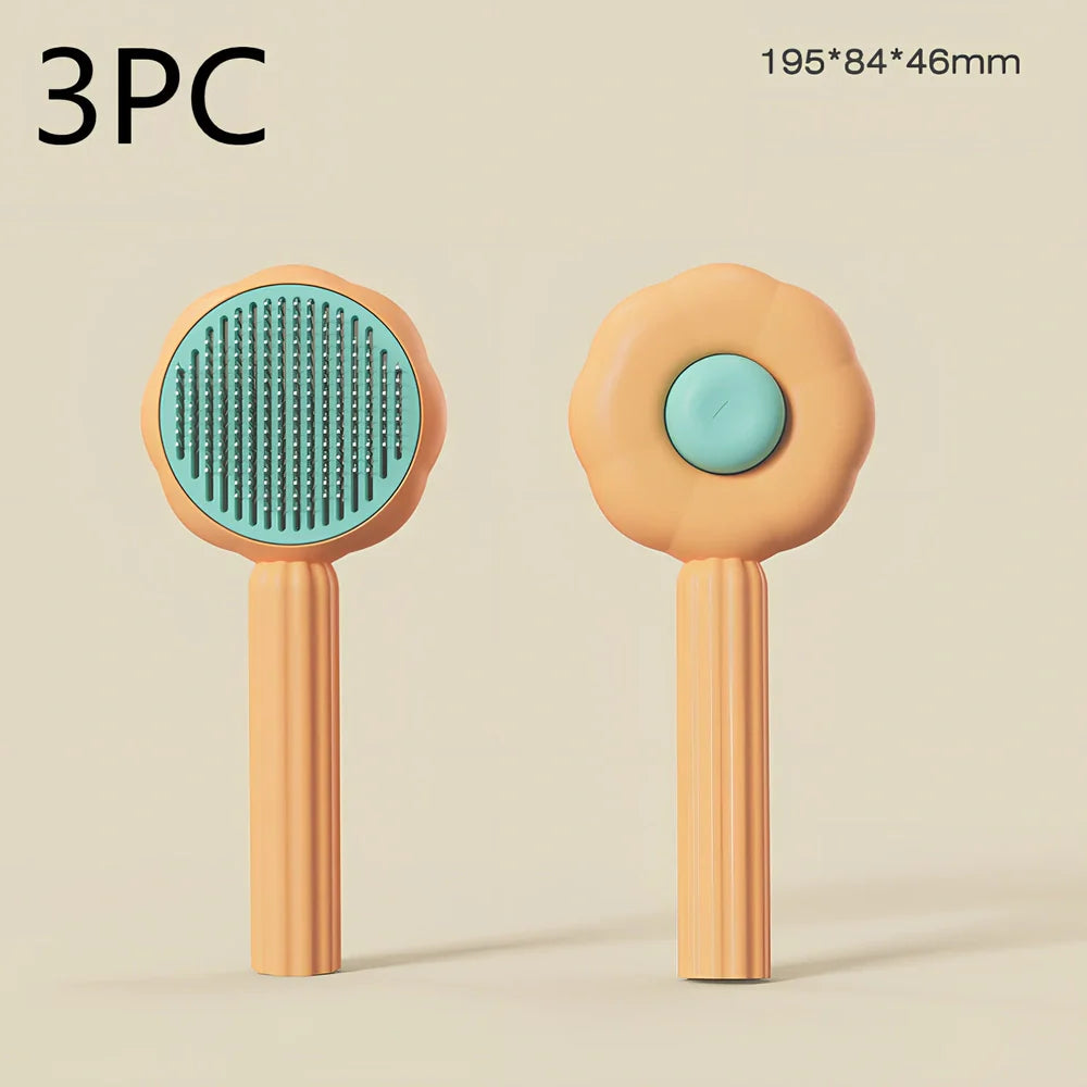 Sunflower design pet comb with stainless steel needles and one-click hair removal button