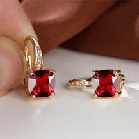 Square zircon inlaid ear hook earrings with geometric design and electroplated finish in golden tone