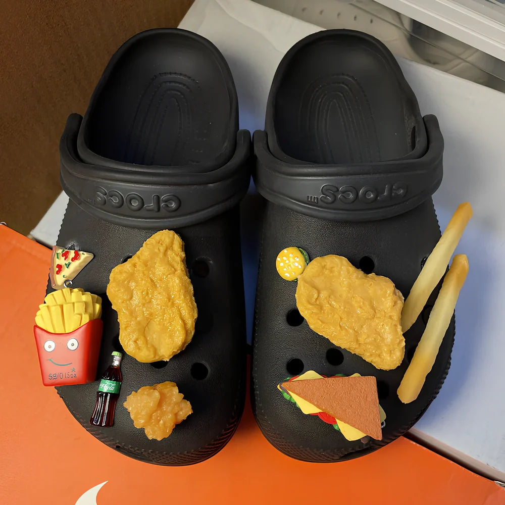 Six DIY plastic shoe buckles with fried chicken burger designs including double wheat chicken nuggets and double drumstick variations