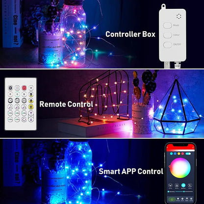 Bluetooth copper wire string lights with 100 LEDs on 10m flexible wire, USB powered with smartphone control