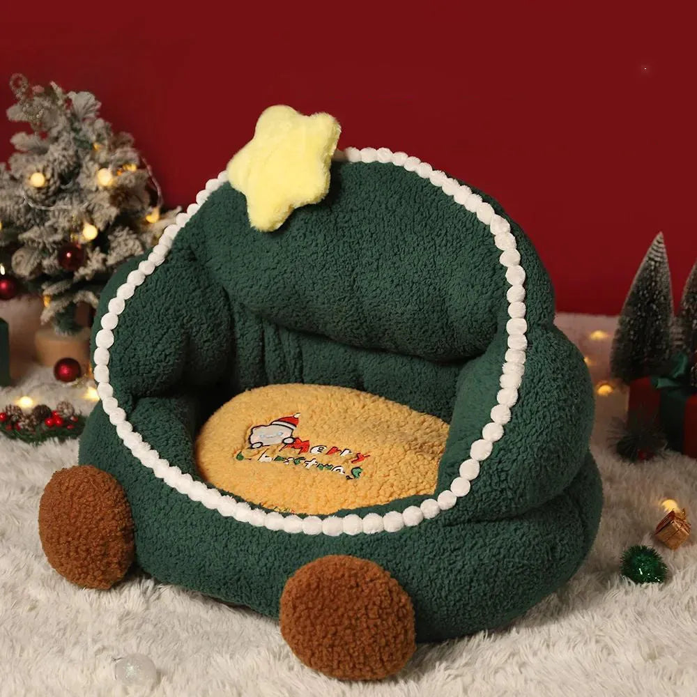Green Christmas tree shaped closed cat nest with removable washable cover for winter and all season indoor use