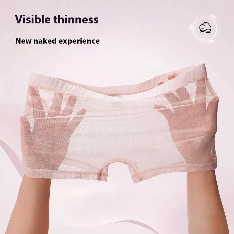 Men's thin sheer mesh boxer briefs in multiple colours on a white background.