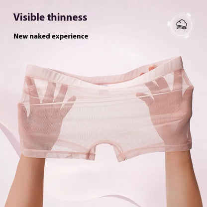 Men's thin sheer mesh boxer briefs in multiple colours on a white background.