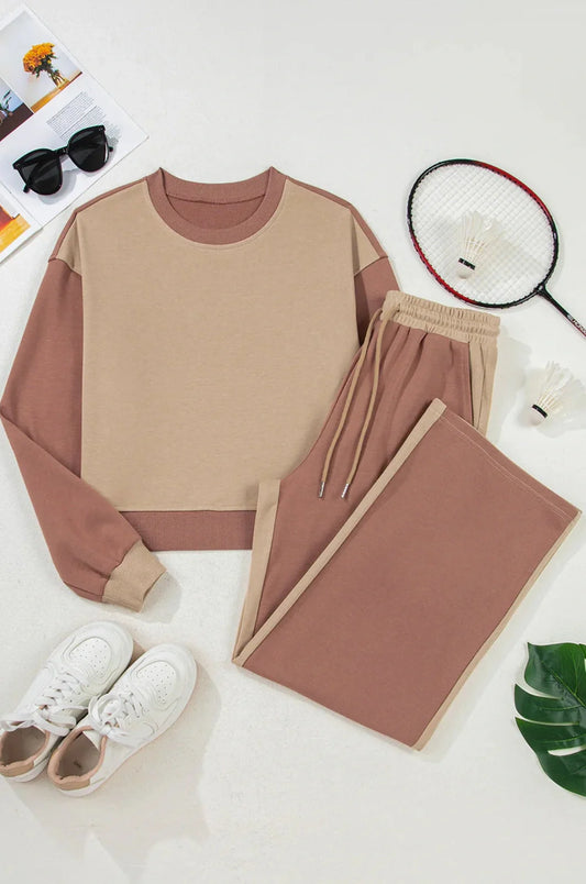 Women's camel-coloured cotton matching sports leisure suit with top and trousers