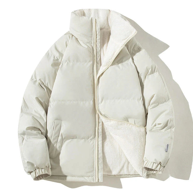 A plush, cozy winter jacket with a stand-up collar and pockets, available in a variety of colors for couples