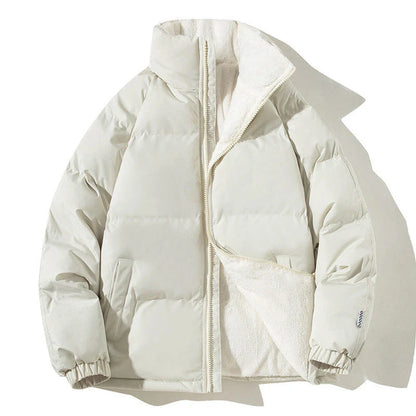A plush, cozy winter jacket with a stand-up collar and pockets, available in a variety of colors for couples