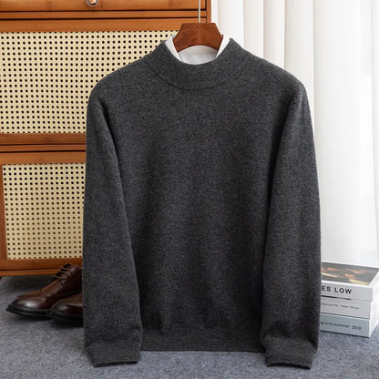 Men's half-collar wool sweater in loose fit with rough yarn texture, shown in winter business style