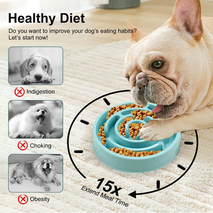 Blue silicone slow feeder dog bowl with labyrinth puzzle design for large breeds