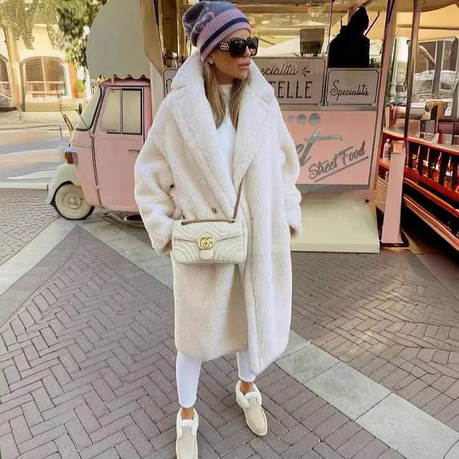 Stylish women's winter faux fur coat with pockets in various colors