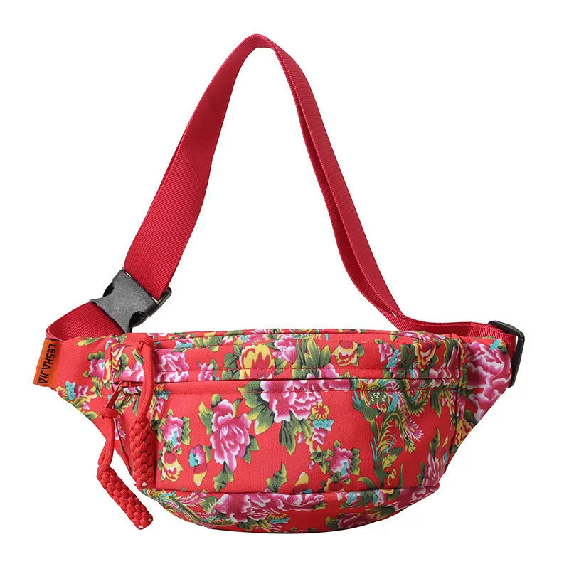 Women's floral western-style waist bag in nylon with three-dimensional pockets