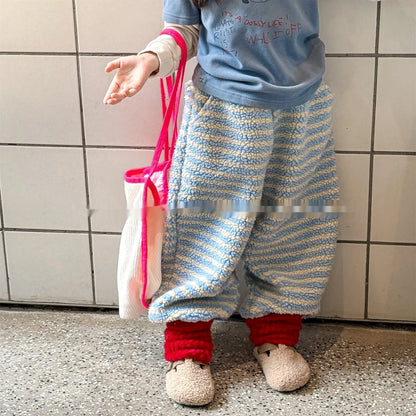 Children's fleece-lined harem trousers in beige blue stripes, unisex winter pants with elastic high waist, sizes 80cm to 130cm.
