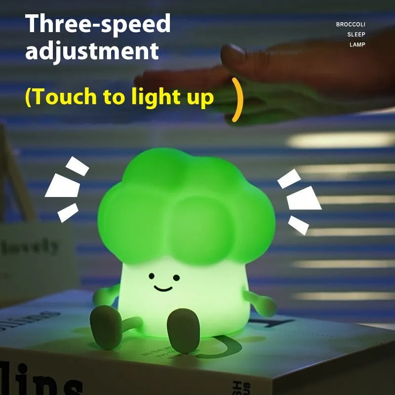 Cartoon eggplant shaped night lamp emitting soft yellow light, showing compact dimensions