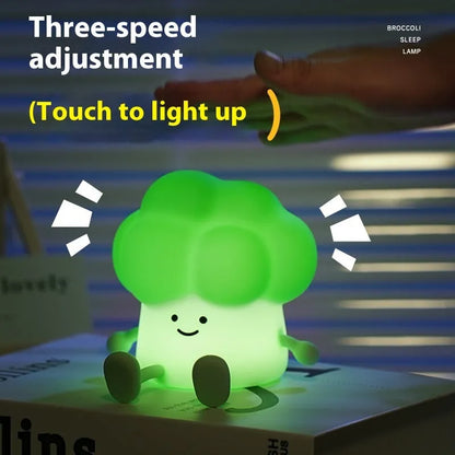 Cartoon eggplant shaped night lamp emitting soft yellow light, showing compact dimensions