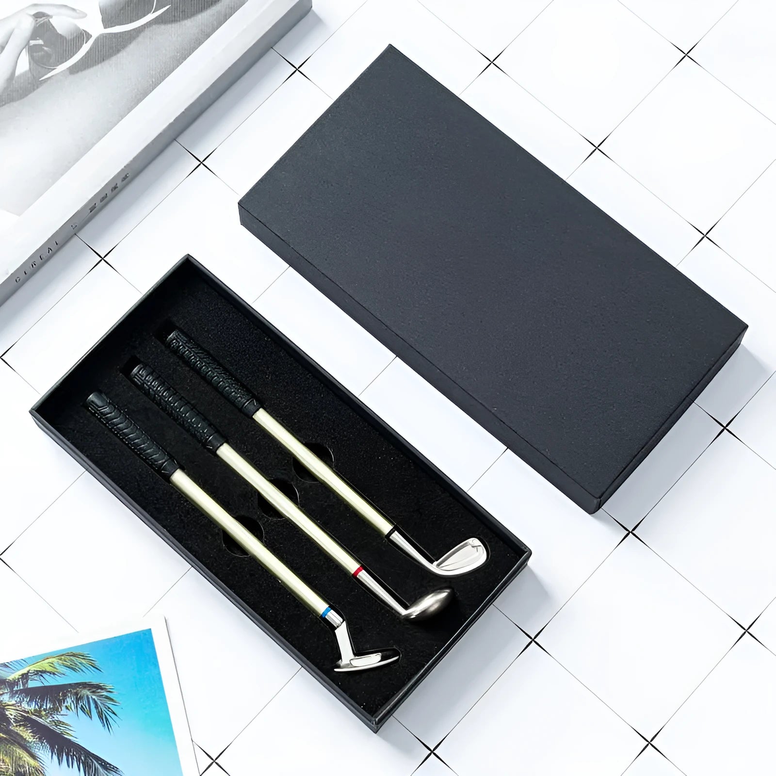 Three metal golf-themed ballpoint pens with 0.7mm bullet tips and normal suit colour refills