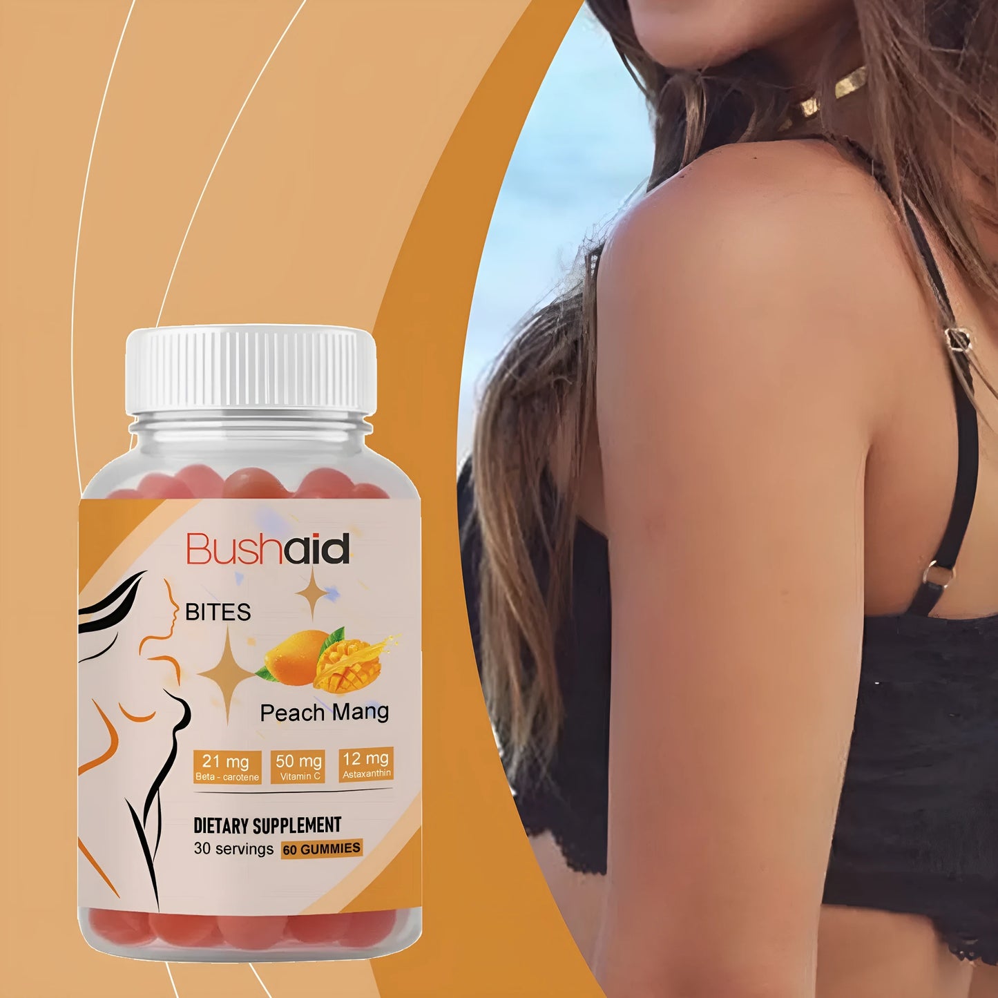 Pack of BUSHAID Tanning Gummy Candies, a 60-count dietary supplement with astaxanthin and Vitamin D3.