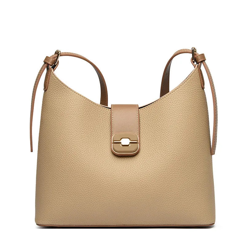 PU bucket shoulder bag in biscuit colour showing internal phone compartment and zippered sections