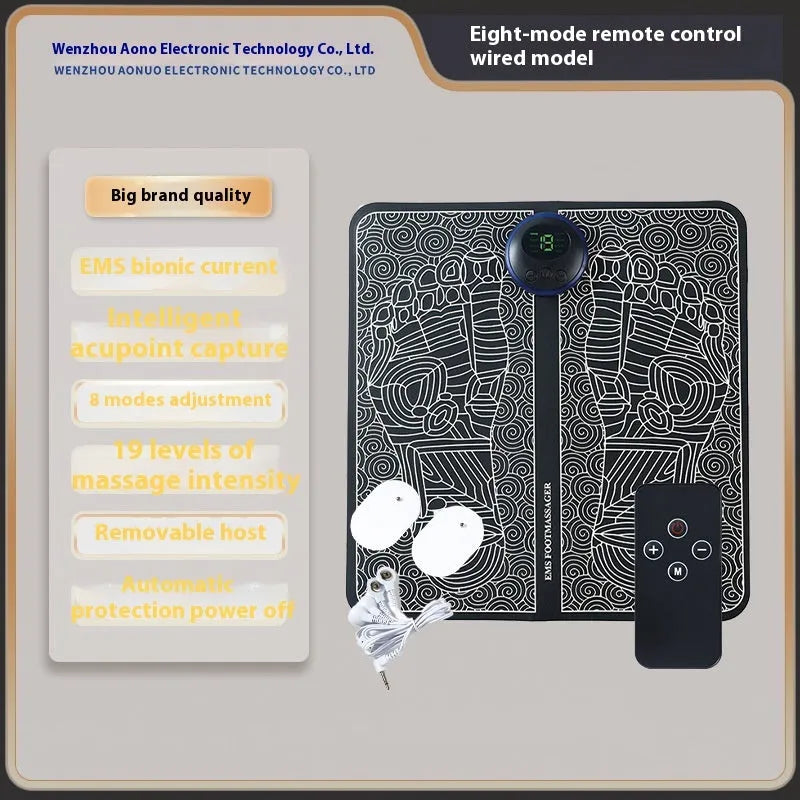 Blue rechargeable foot massager mat with reflexology nodes and remote control on wooden floor