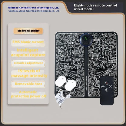 Blue rechargeable foot massager mat with reflexology nodes and remote control on wooden floor