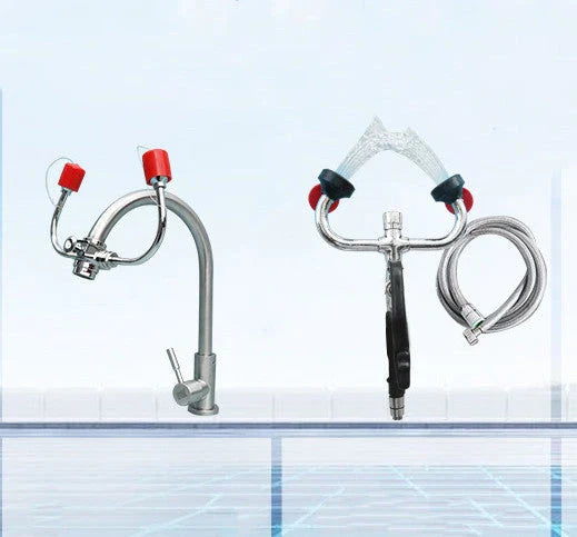 Versatile wall-mounted emergency eyewash station with dual spray heads for comprehensive eye coverage and hands-free 360-degree rotation