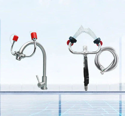 Versatile wall-mounted emergency eyewash station with dual spray heads for comprehensive eye coverage and hands-free 360-degree rotation