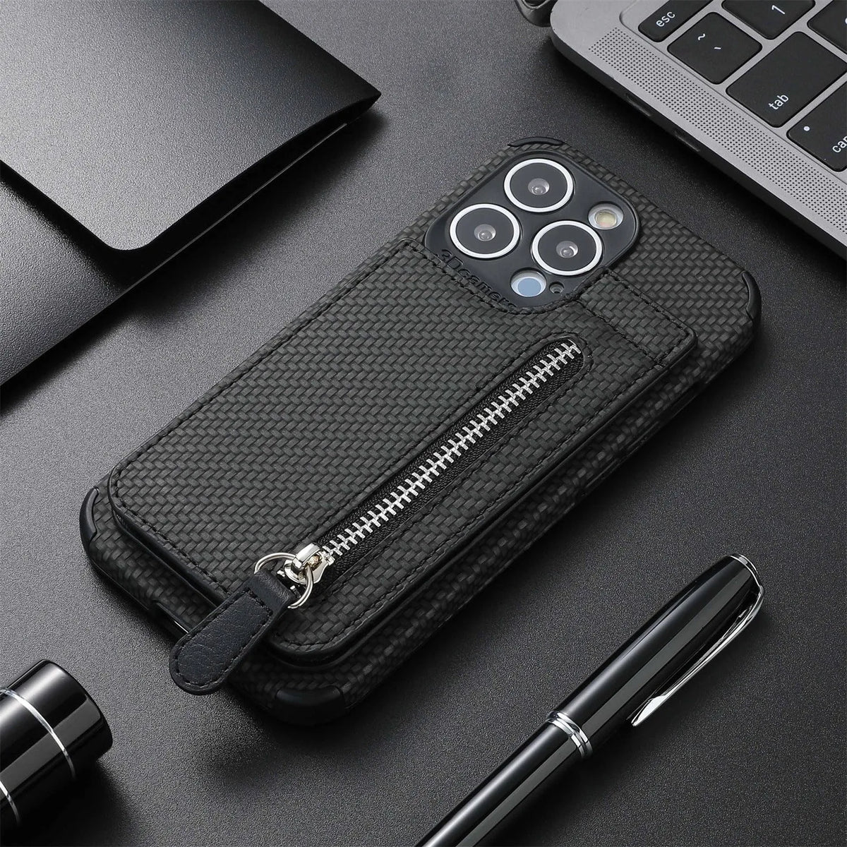 Card holder phone case with wallet bracket and zipper protective sleeve in TPU leather for iPhone models, back cover view