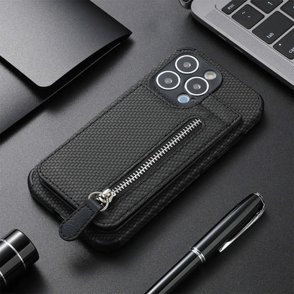 Card holder phone case with wallet bracket and zipper protective sleeve in TPU leather for iPhone models, back cover view