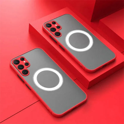 Samsung phone case with magnetic suction, frosted hard PC back and soft TPU edges in black, blue, red, or green.