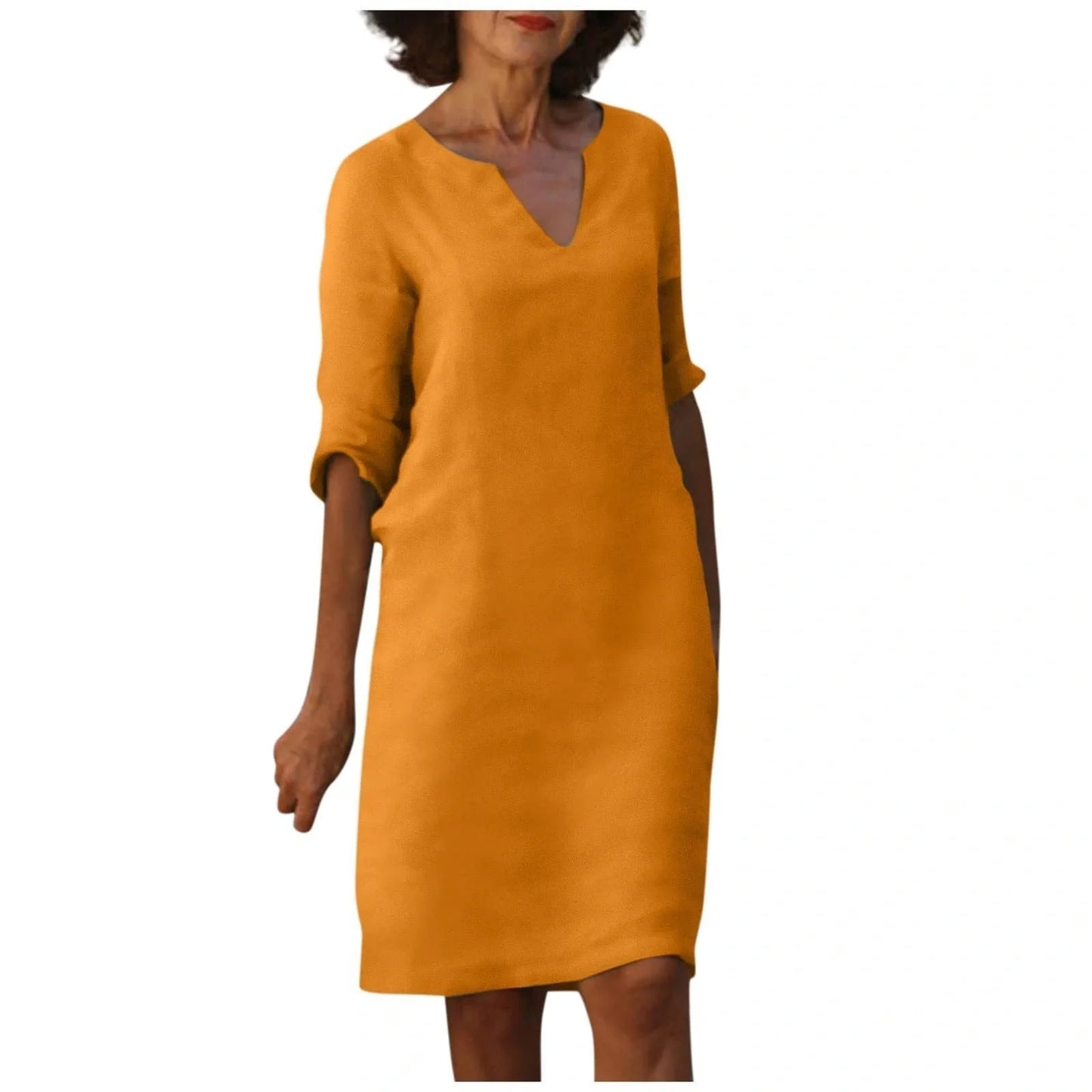 Retro cotton and linen V-neck dress with high waist and summer stitching in various colors
