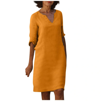 Retro cotton and linen V-neck dress with high waist and summer stitching in various colors