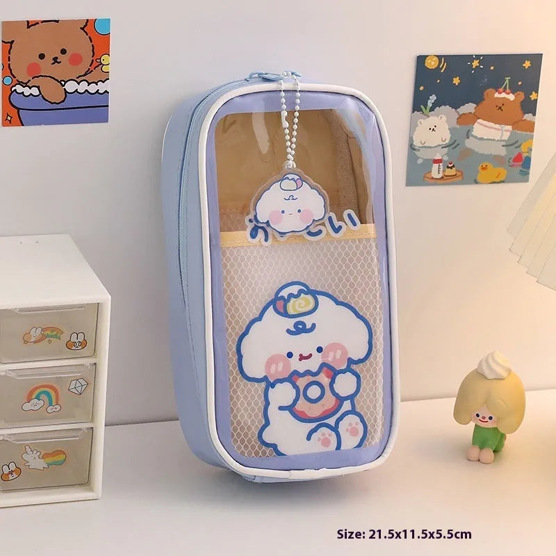 Transparent PVC pencil case with cartoon bear design showing pens inside