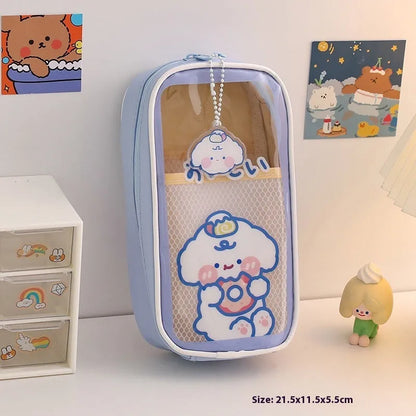 Transparent PVC pencil case with cartoon bear design showing pens inside