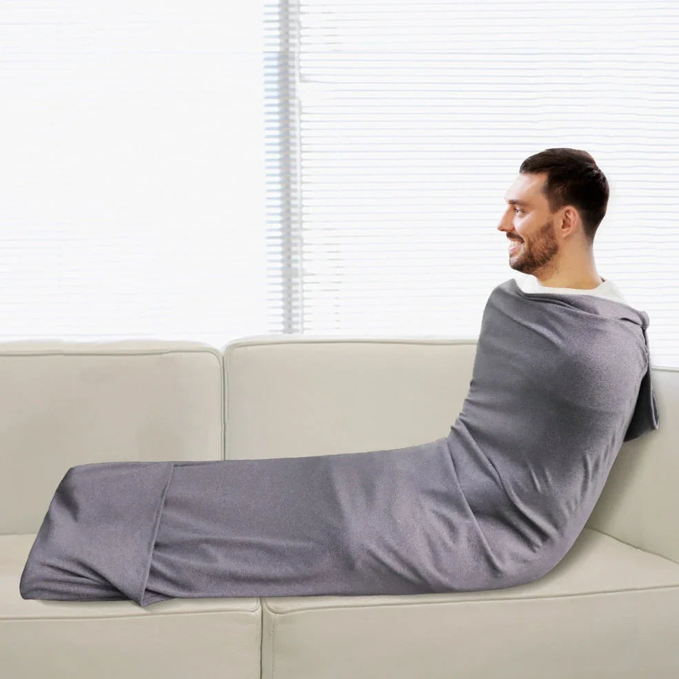 Sleep Pod Move grey wearable blanket with foot pocket showing four size options from 140x35cm to 185x50cm