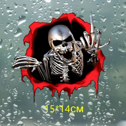 Reflective metal skull bumper sticker with colourful broken shell design on white background