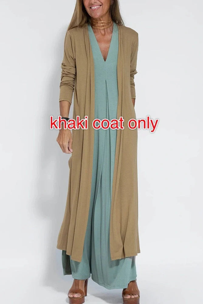 Women's V-neck sleeveless dress and long cardigan jacket set in solid colors