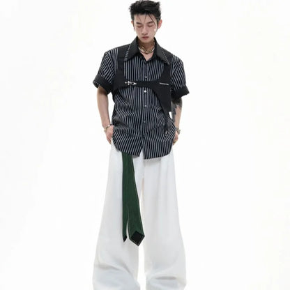 Men's black and white striped shirt with double collar design and short sleeves